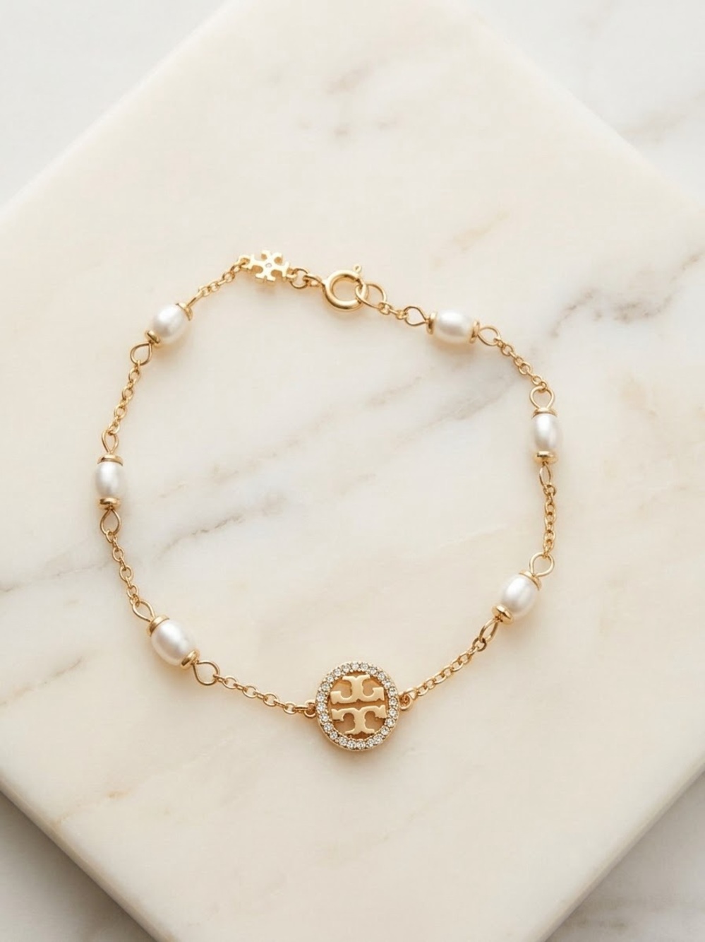 Tory Burch Gold-Tone Pearl & Pavé Logo Bracelet, 7.1 in (18cm) Brand New